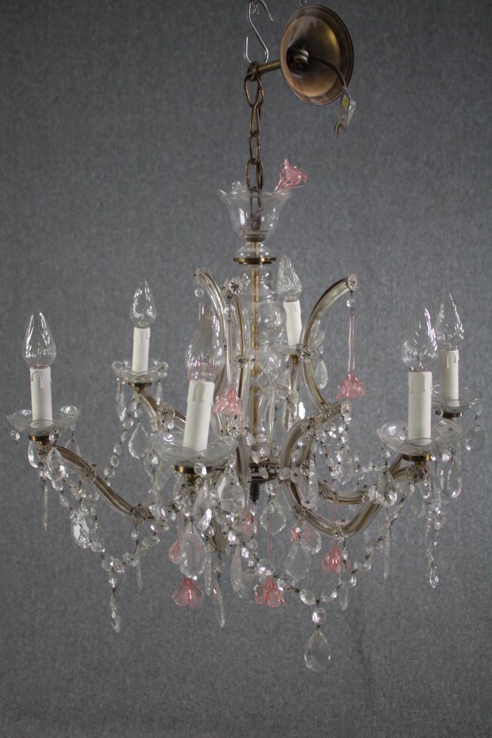 A Murano glass chandelier with six brass branches. Decorated with crystal swags, pale pink glass - Image 2 of 6