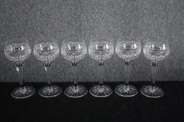 A set of six clear crystal Hock glasses. H.19cm. (each)