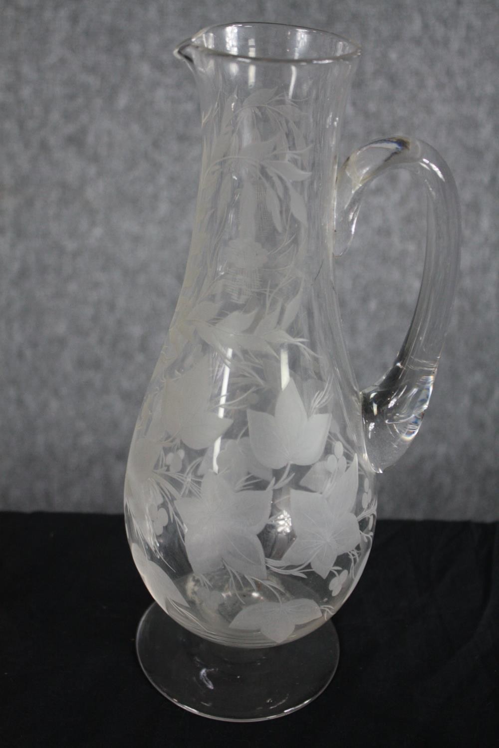 Two etched Victorian wine glasses with etched foliate and fruit design with a matching wine jug - Image 3 of 4