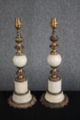 A matching pair of brass table lamps with a white alabaster bulb and base. H.46cm. (each)