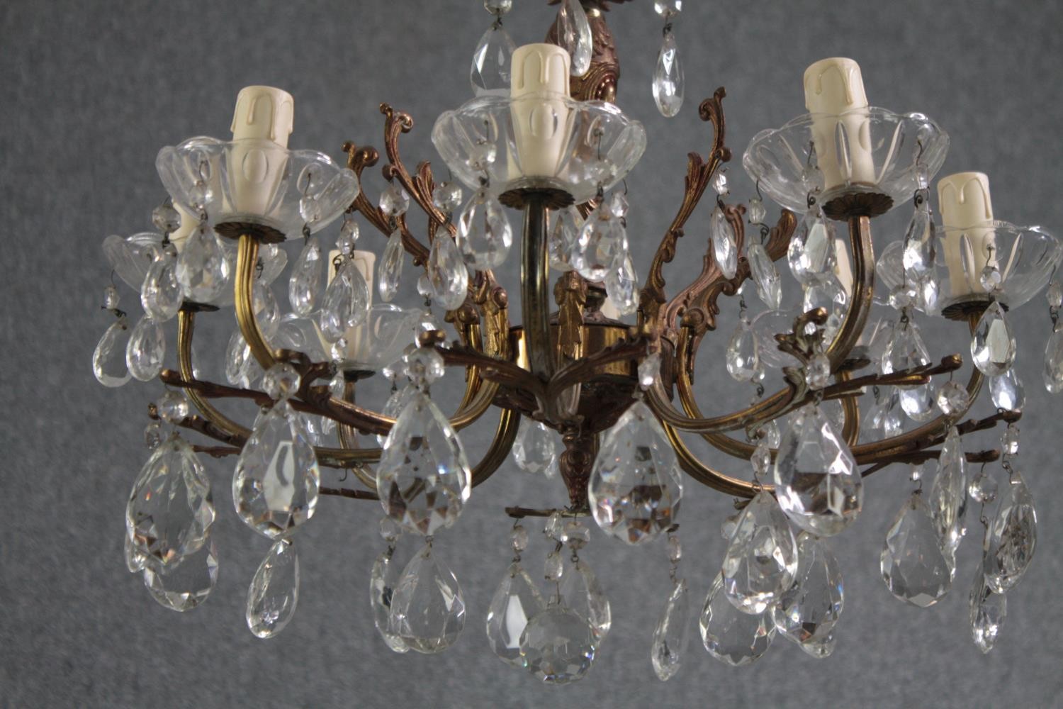 A small French foliate design chandelier with seven branches. Decorated with hanging teardrop - Image 3 of 5