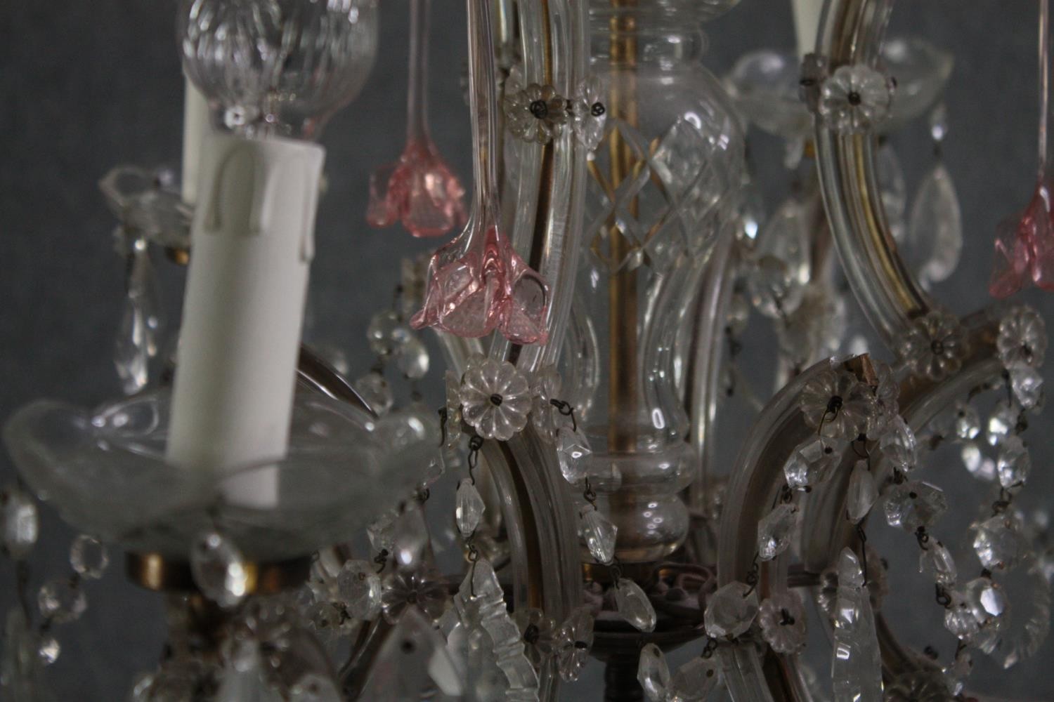 A Murano glass chandelier with six brass branches. Decorated with crystal swags, pale pink glass - Image 3 of 6