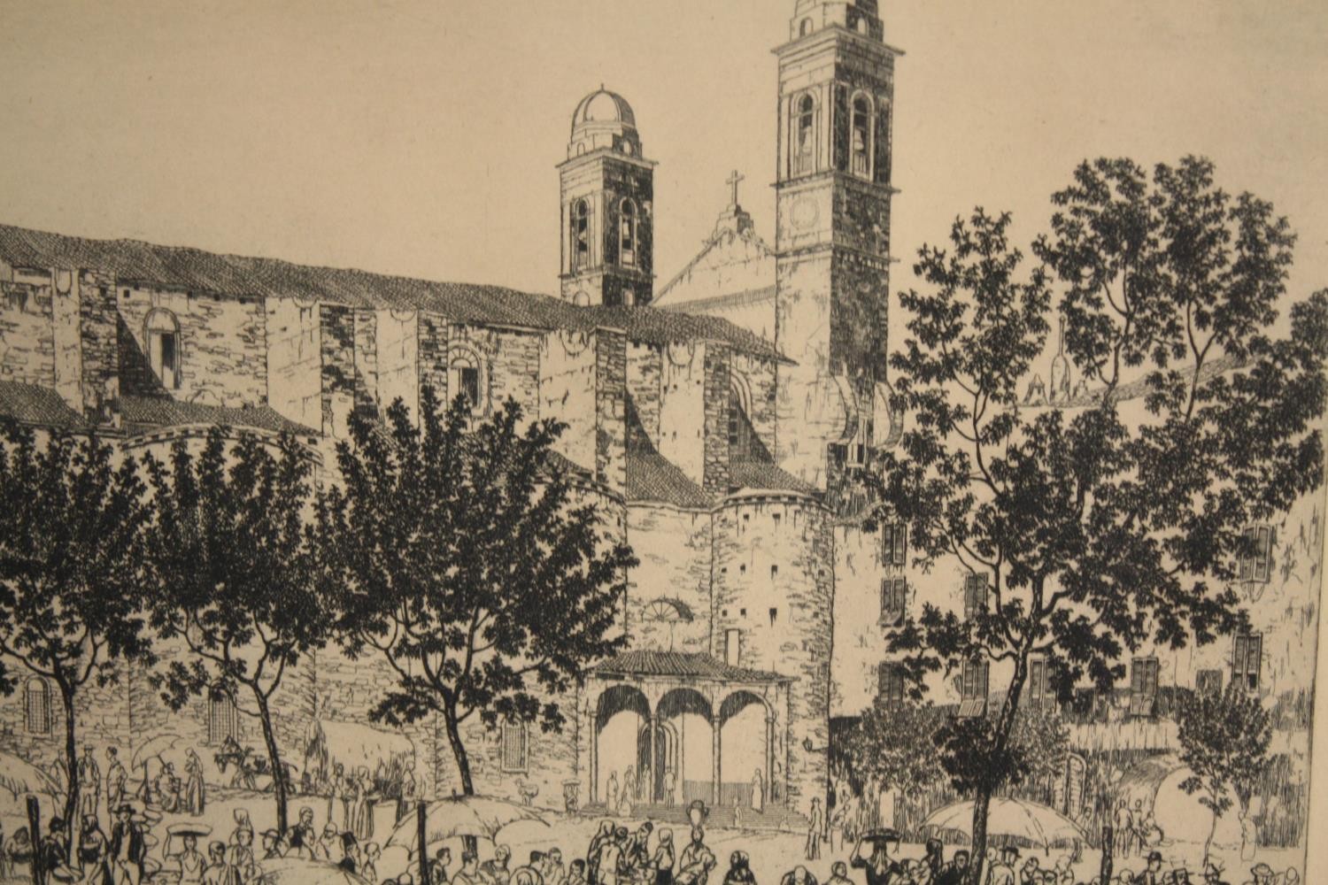 Etching. 'Market Place Bastia Corsica. Signed 'William Gwen'. Framed and glazed. H.53 W.55cm.