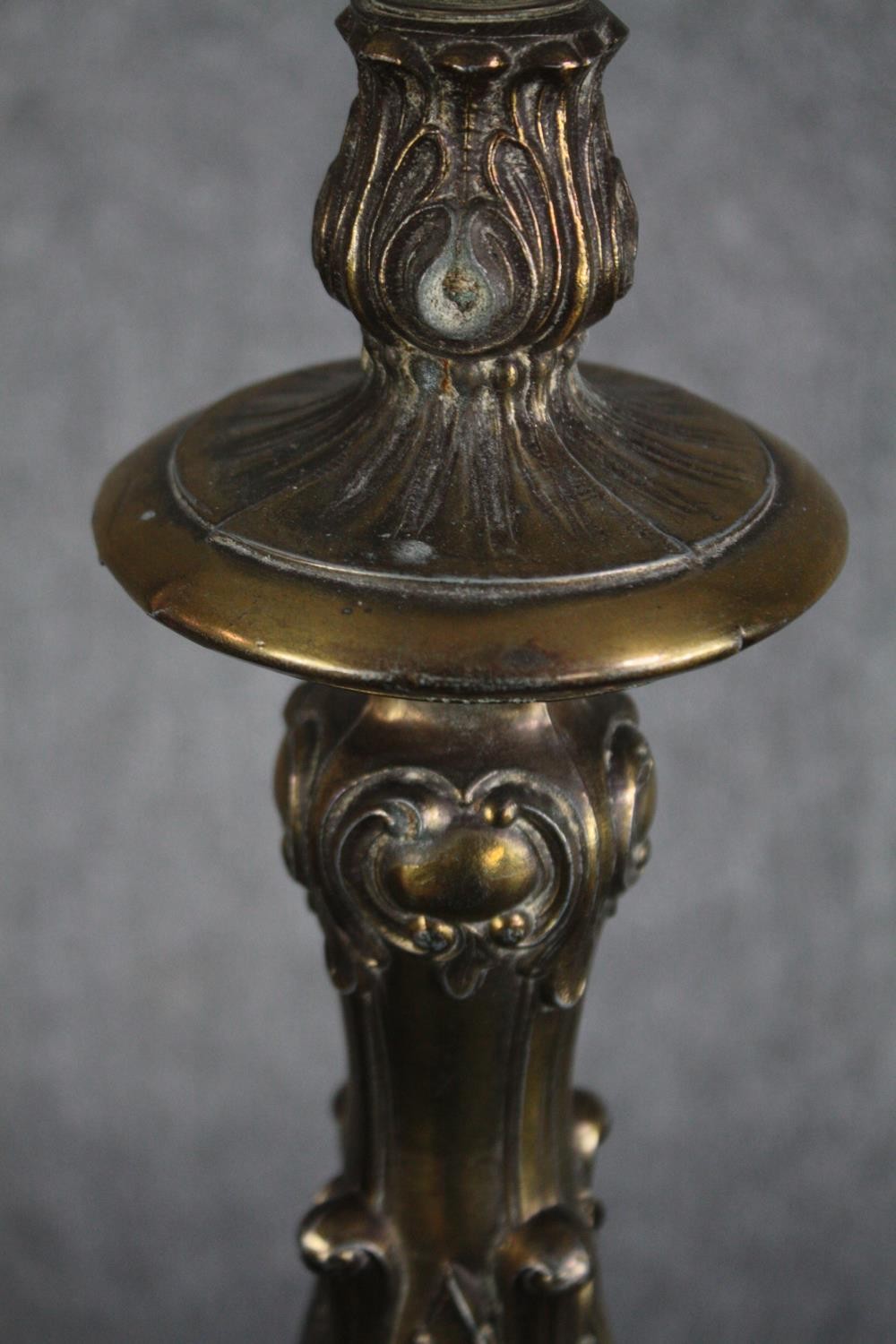 A pair of large casts brass lamps with four legged pedestals and raised Rococo revival style - Image 3 of 5