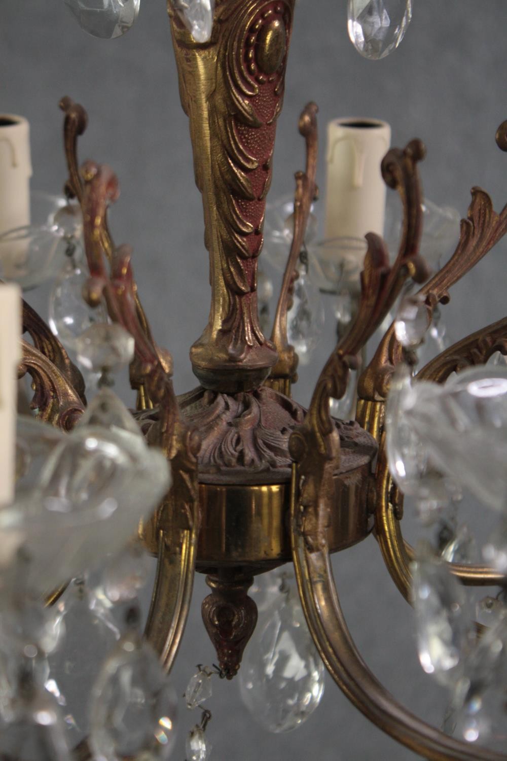 A small French foliate design chandelier with seven branches. Decorated with hanging teardrop - Image 4 of 5