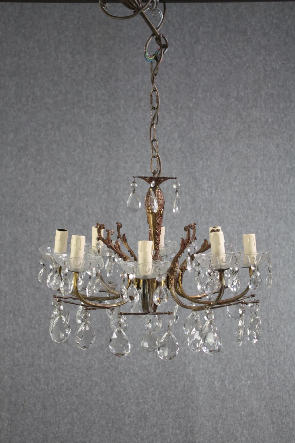 A small French foliate design chandelier with seven branches. Decorated with hanging teardrop - Image 2 of 5