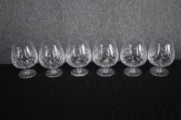 Six hand cut lead Brandy glasses. Crystal glass made by Bohemia. H.13cm. (each)