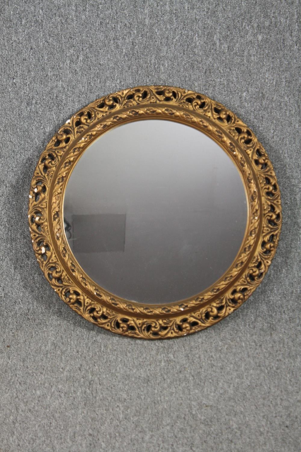 Two wall mirrors, gilt foliate with rectangular bevelled plate and a vintage circular mirror. H.92 - Image 2 of 8