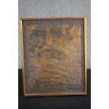 Indian woodcut print. Gold ink on thin dark paper. Framed. Twentieth century. H.57 W.47cm.