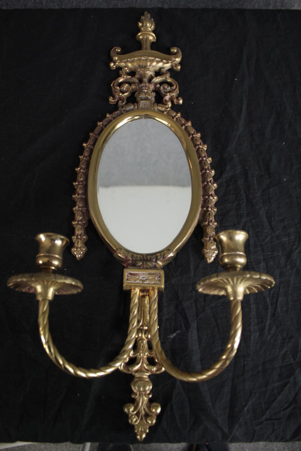 A pair of brass mirrored sconces with two branch candle holders. H.59cm. (each) - Image 2 of 7
