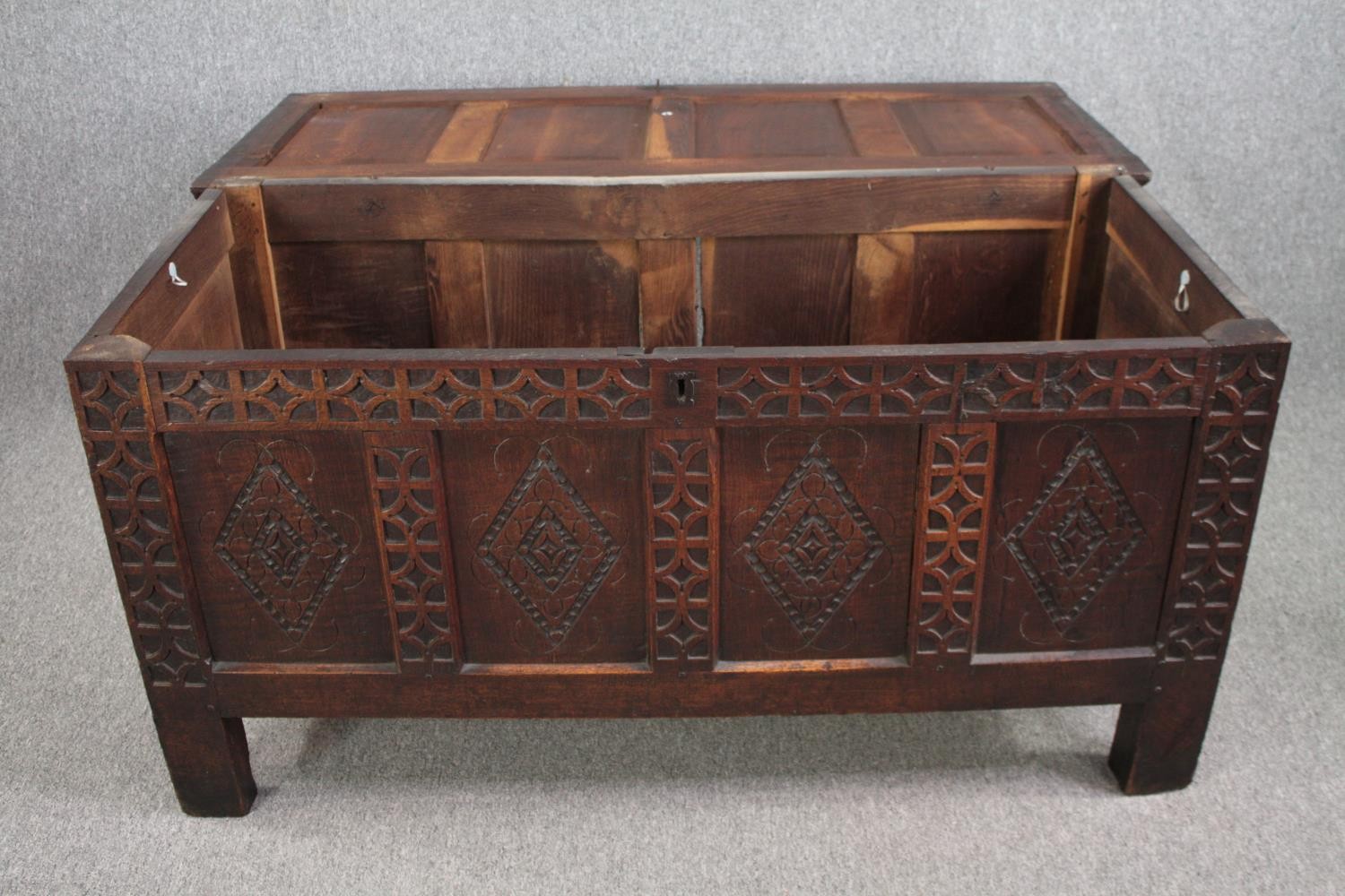 Coffer, late 17th century or early 18th century lozenge carved oak panels on stile supports. H.69 - Image 4 of 7