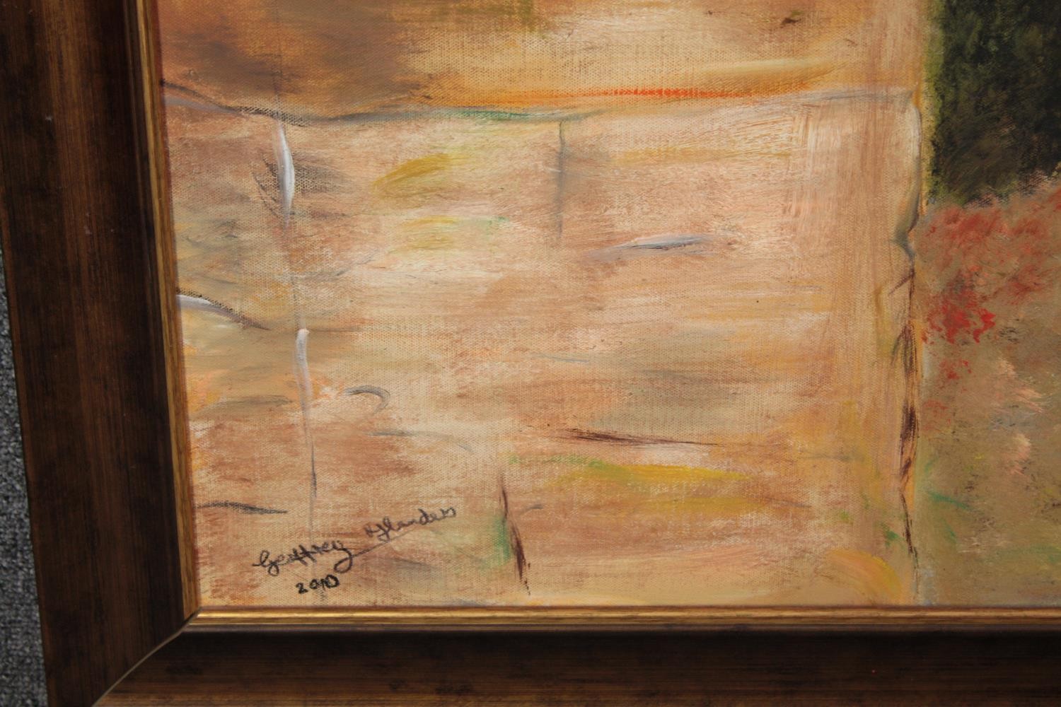 A large oil on canvas. The gates to the house. Signed 'Geoffrey' but surname is illegible. H.134 W. - Image 3 of 4