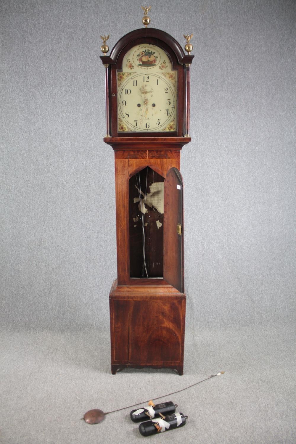 Longcase clock, Georgian mahogany and crossbanded case with satinwood string inlay, painted face and - Image 4 of 11