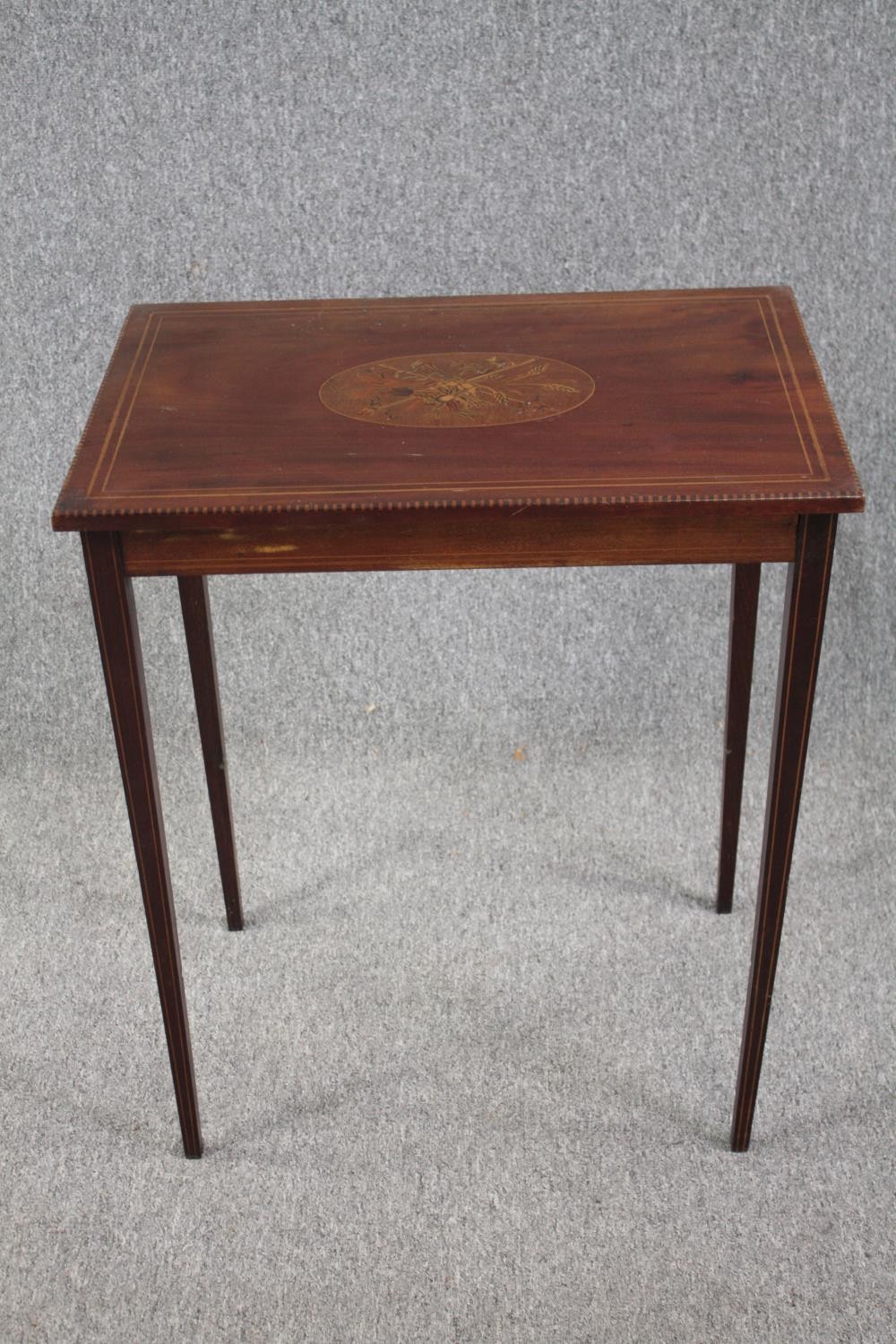 Occasional table, Edwardian mahogany with satinwood marquetry central cartouche. H.78 W.61 D.40cm.