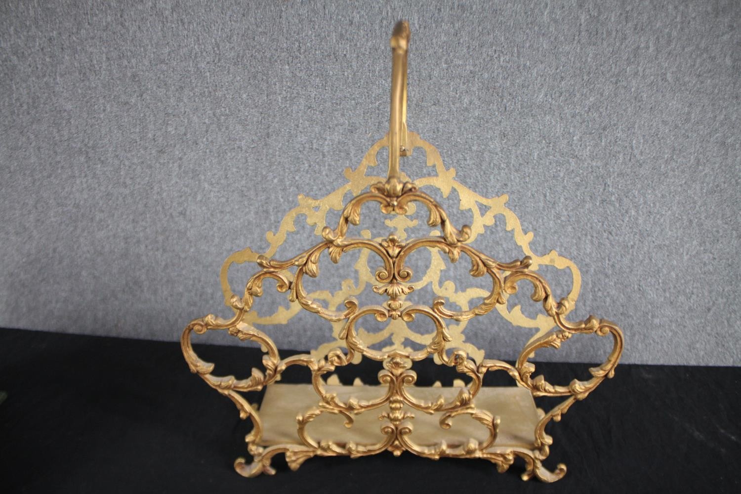 A lacquered letter rack decorated with cherubs and a gilt metal pierced foliate design magazine - Image 4 of 5