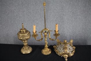 A mixed brass collection to include a two branch candleabra, a crystal and gilt metal sconce and a