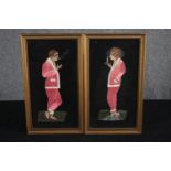 Embroidery, needlework art. A pair of smokers. Unsigned. Framed and glazed. H.41 W.23cm. (each)