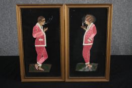 Embroidery, needlework art. A pair of smokers. Unsigned. Framed and glazed. H.41 W.23cm. (each)