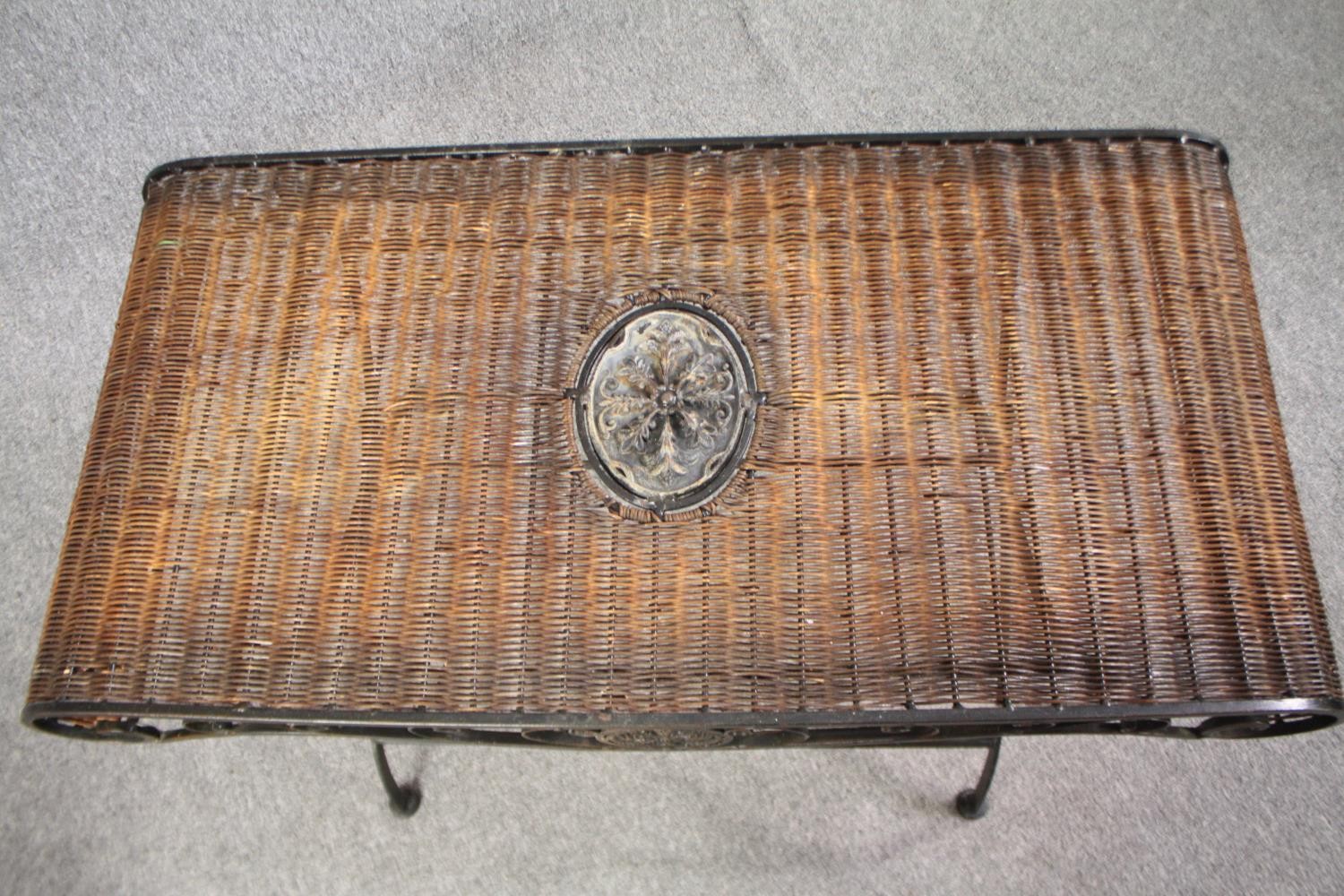 A French conservatory or coffee table, wicker on a scrolling metal frame. H.51 W.103 D.50cm. - Image 4 of 5