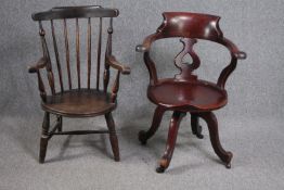 A 19th century mahogany swivel desk armchair and a 19th century stickback armchair.