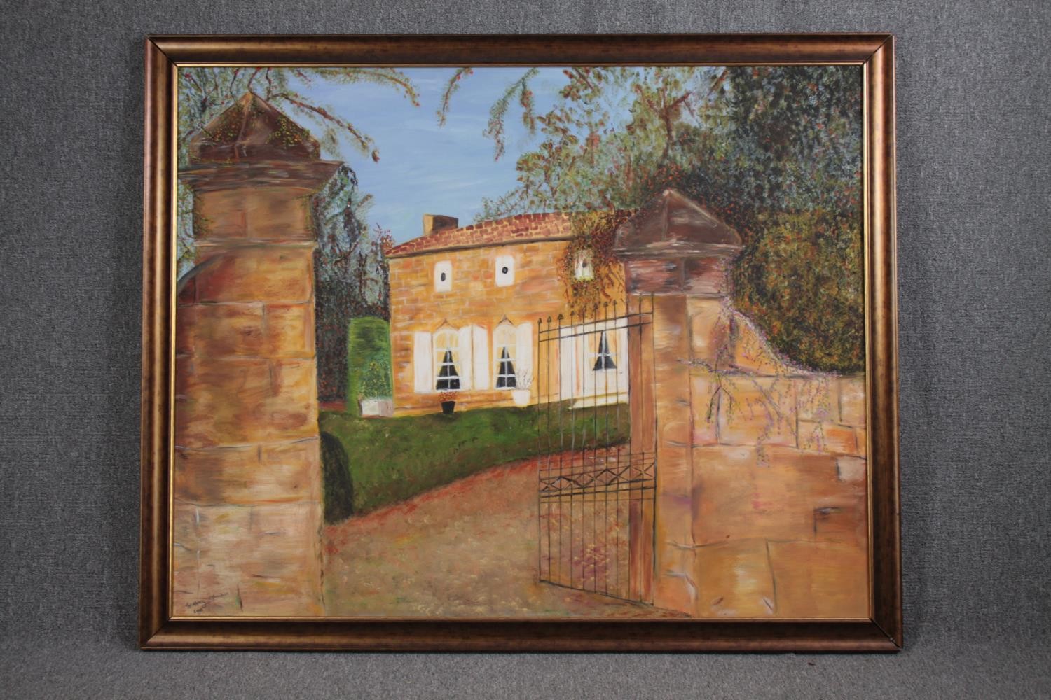 A large oil on canvas. The gates to the house. Signed 'Geoffrey' but surname is illegible. H.134 W. - Image 2 of 4