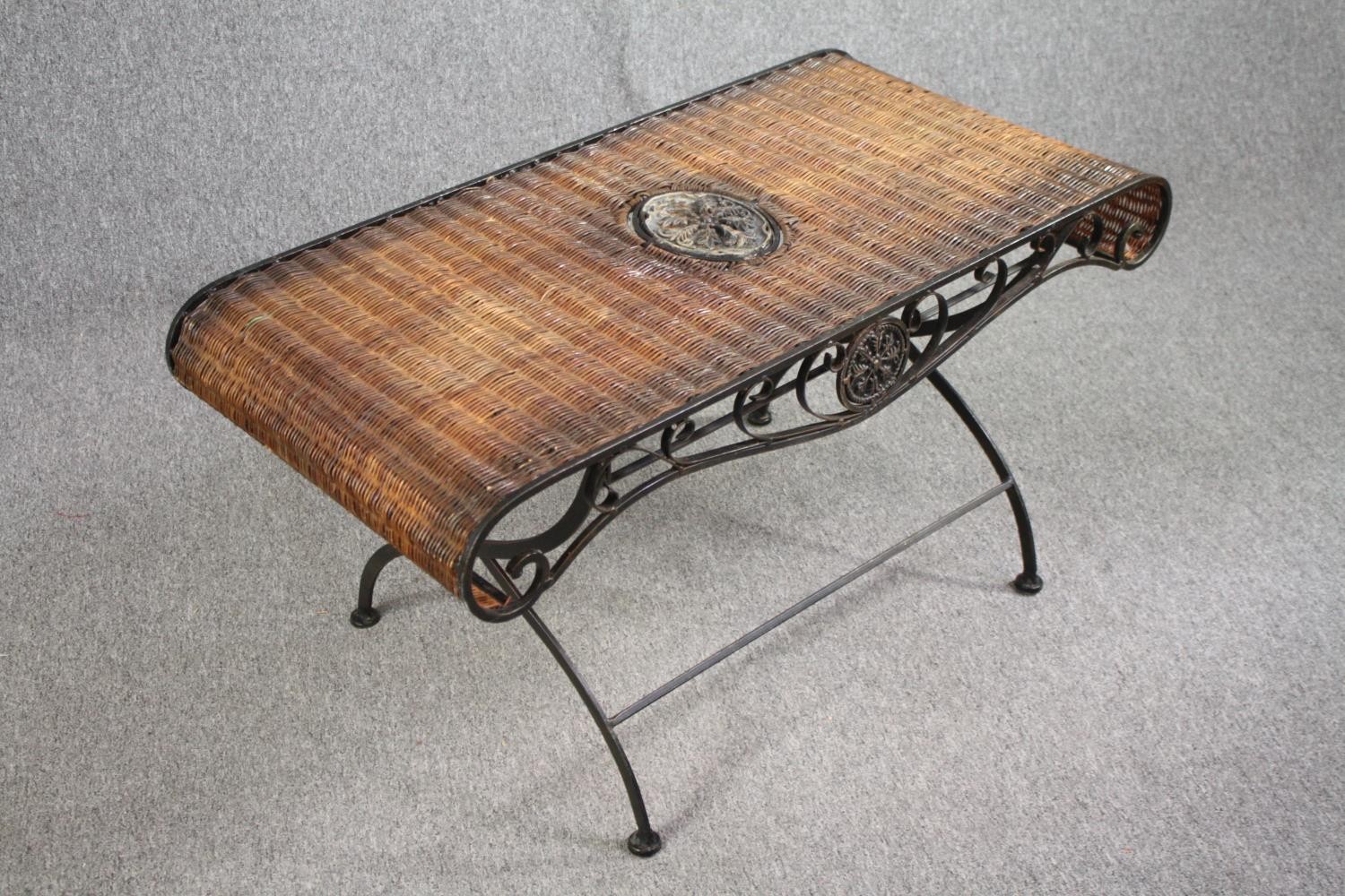 A French conservatory or coffee table, wicker on a scrolling metal frame. H.51 W.103 D.50cm. - Image 2 of 5