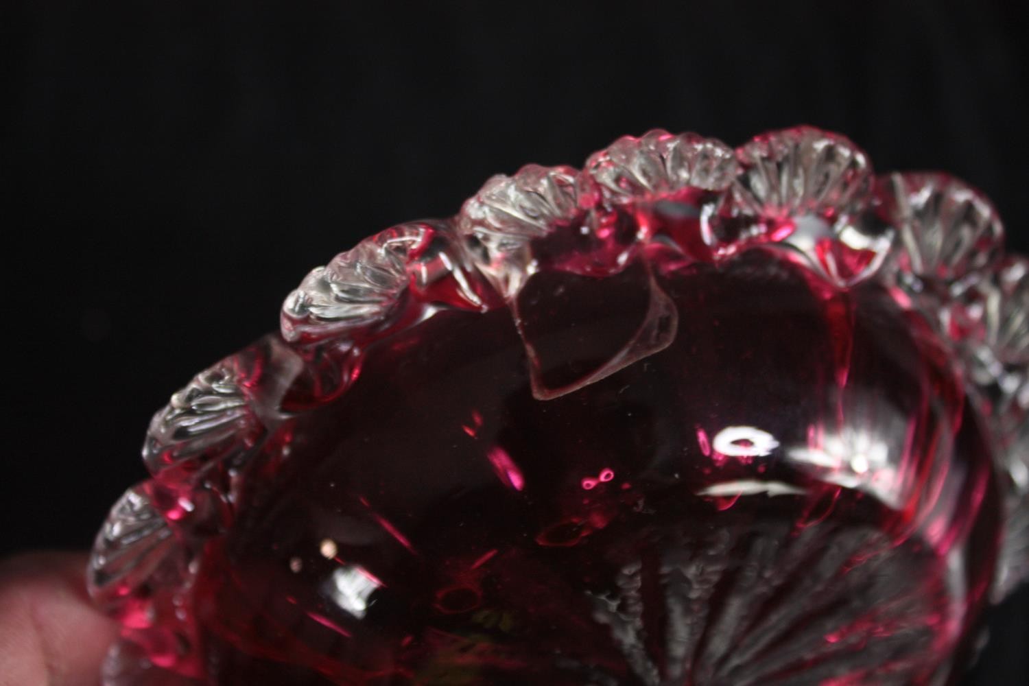 A Victorian decorative Cranberry glass trumpet vase with with ruffled edge and two small Cranberry - Image 4 of 6