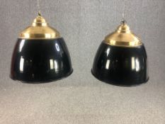 A pair of ceiling mounted down lights with enamelled shades and brass fittings. H.40 Dia.43cm (