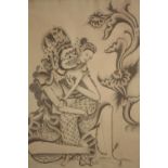 Balinese drawing of a deity. Signed 'K.T. Mus TjaTja'. Framed and glazed. H.48 W.36cm.