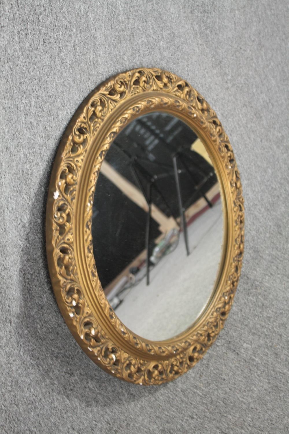 Two wall mirrors, gilt foliate with rectangular bevelled plate and a vintage circular mirror. H.92 - Image 7 of 8