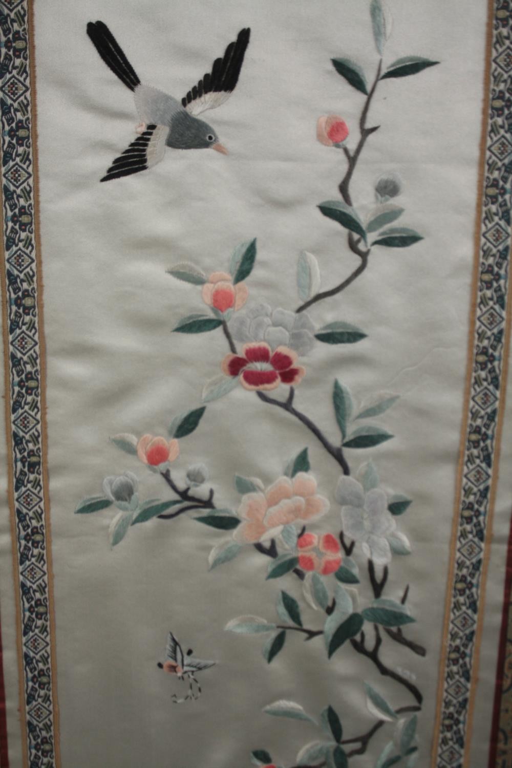 Needlework art. Chinese silk Embroidery. Birds on a branch. Framed and glazed. H.70 W.36cm. (each) - Image 2 of 4