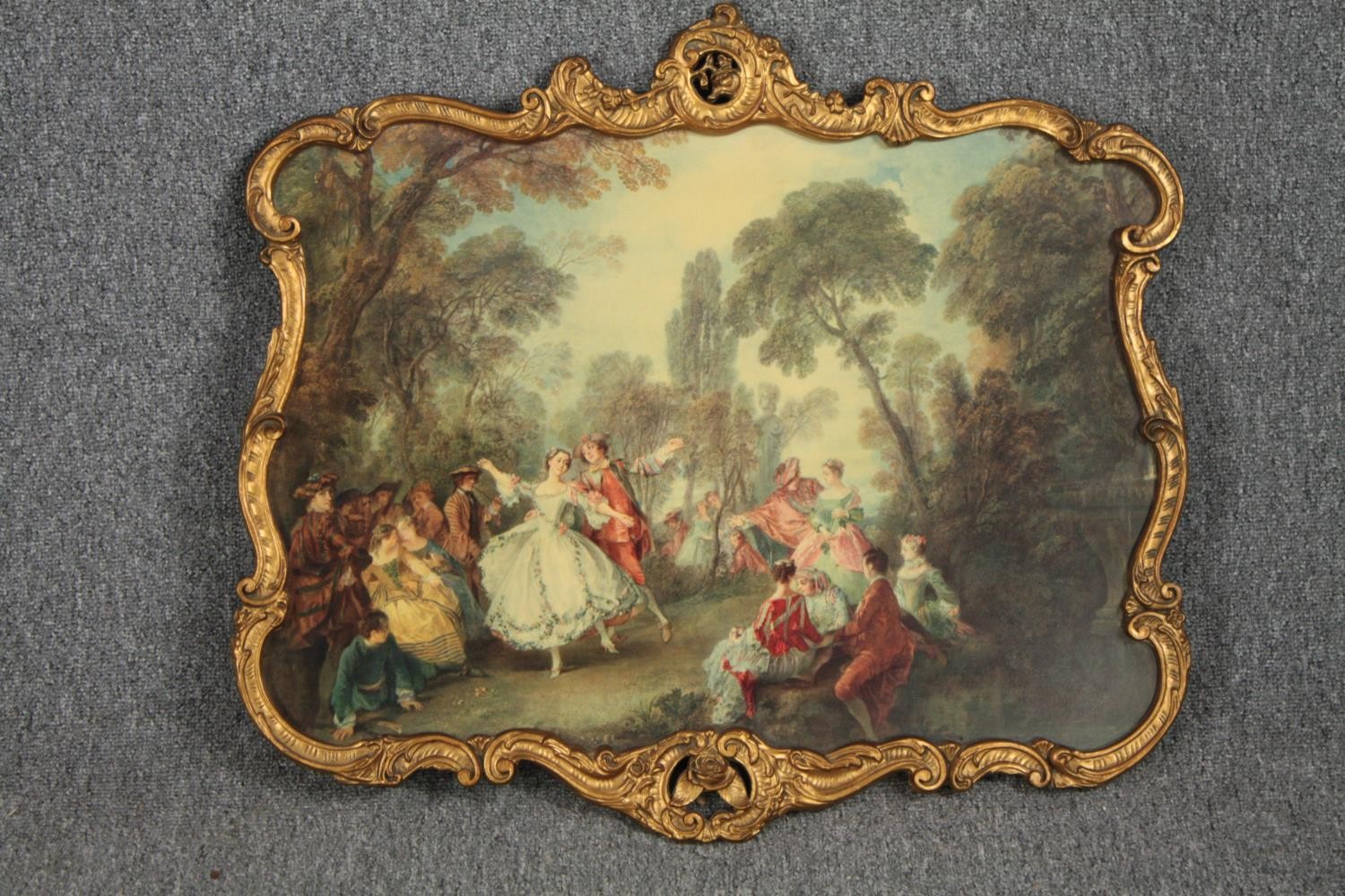 A Nicolas Lancret print.'La Camargo Dancing'. In a gilt decorated frame. H.62 W.69cm. - Image 2 of 3