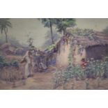 Watercolour. Indian village scene. Signed J.M.W. Manch. Undated. Framed and glazed. H.46 W.54cm.
