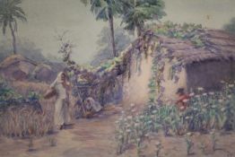 Watercolour. Indian village scene. Signed J.M.W. Manch. Undated. Framed and glazed. H.46 W.54cm.