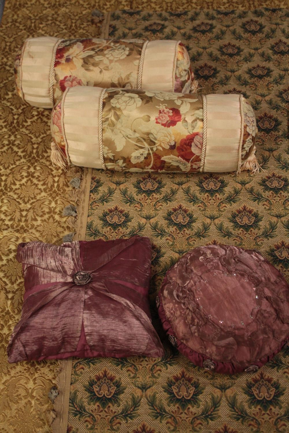 A collection of textiles and cushions, including a pair of silk floral design bolster cushions and a - Image 2 of 5