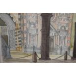 Paul Johnson. Pencil and watercolour. Cathedral arches with cat, Bergamo. Signed on the back. Framed