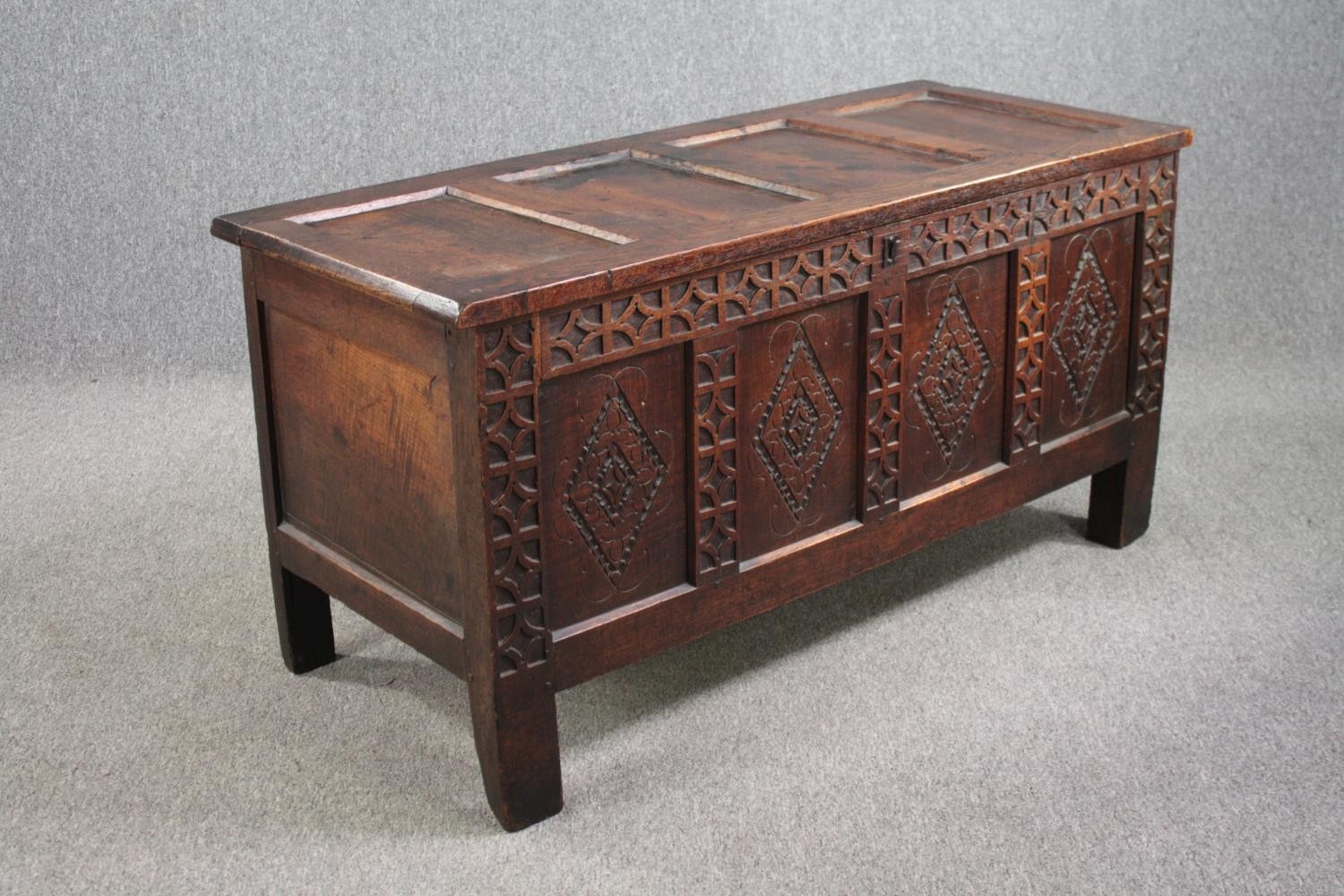 Coffer, late 17th century or early 18th century lozenge carved oak panels on stile supports. H.69 - Image 2 of 7