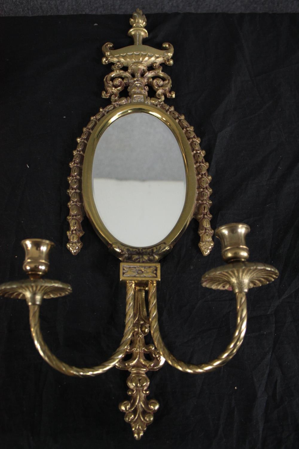 A pair of brass mirrored sconces with two branch candle holders. H.59cm. (each) - Image 3 of 7