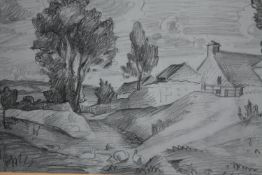 Pencil drawing. Rural study. Signed lower right 'R.H.'. Framed and glazed. H.48 W.42 cm.