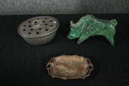 A brass boar, a brass Art Nouveau flower design ashtray and a pewter flower planter. H.8 W.14cm. (