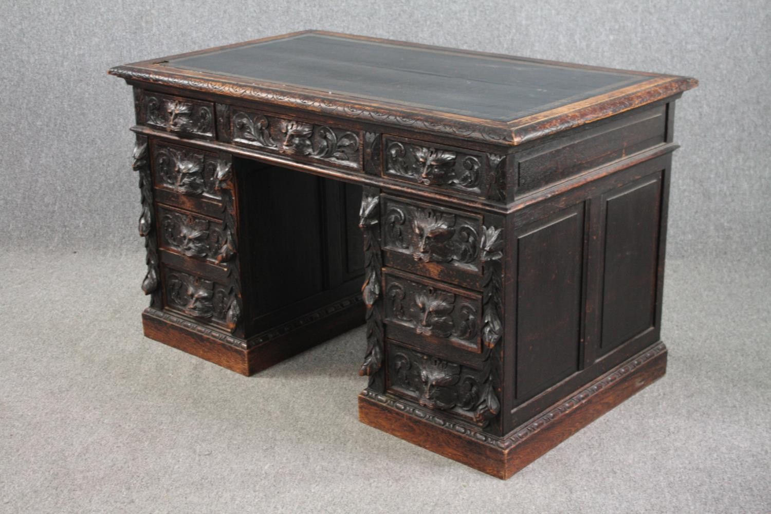 Pedestal desk, late 19th century carved oak with Green Man mask handles and tooled leather inset - Image 2 of 7