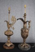 Two brass table lamps in the style of decorative 18th century French ewers. With raised stems and