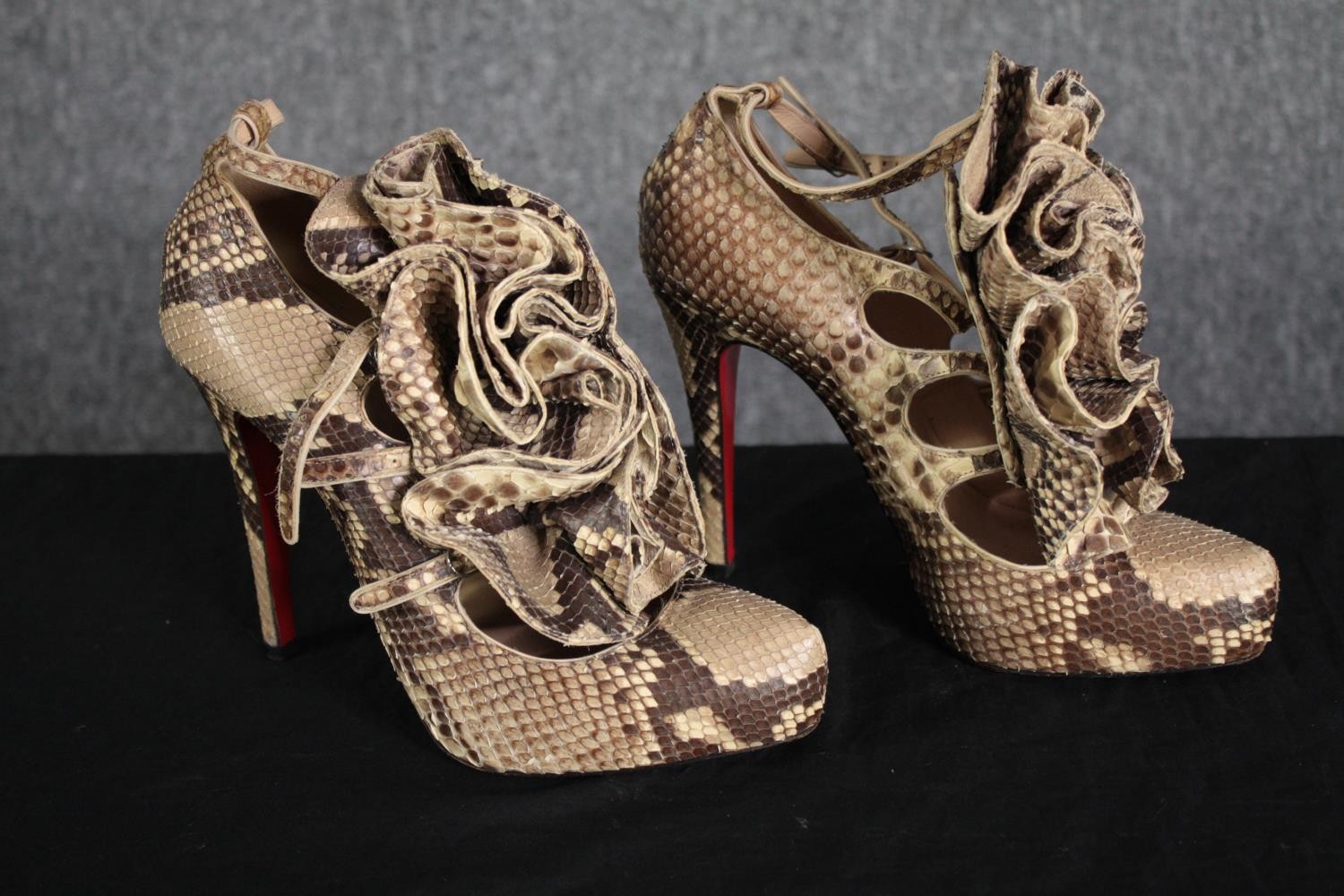 Two pairs of high heeled shoes, one made of python skin with ruffle design. UK size 39. Made by - Image 7 of 10