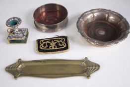 A mixed collection, including a brass enamelled candle holder, a wine bottle holder, brass tray