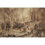 Engraving. In the style of William Turner. Titled 'Landscape with Huntsman' and signed indistinctly.