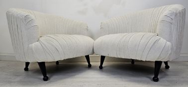 Lounge chairs, a pair of tub form, contemporary in the vintage style with pleated upholstery. H.80