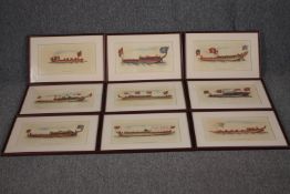 Nine Livery Company Barges. Lithographs. In matching glazed frames. H.31 W.47cm. (each)