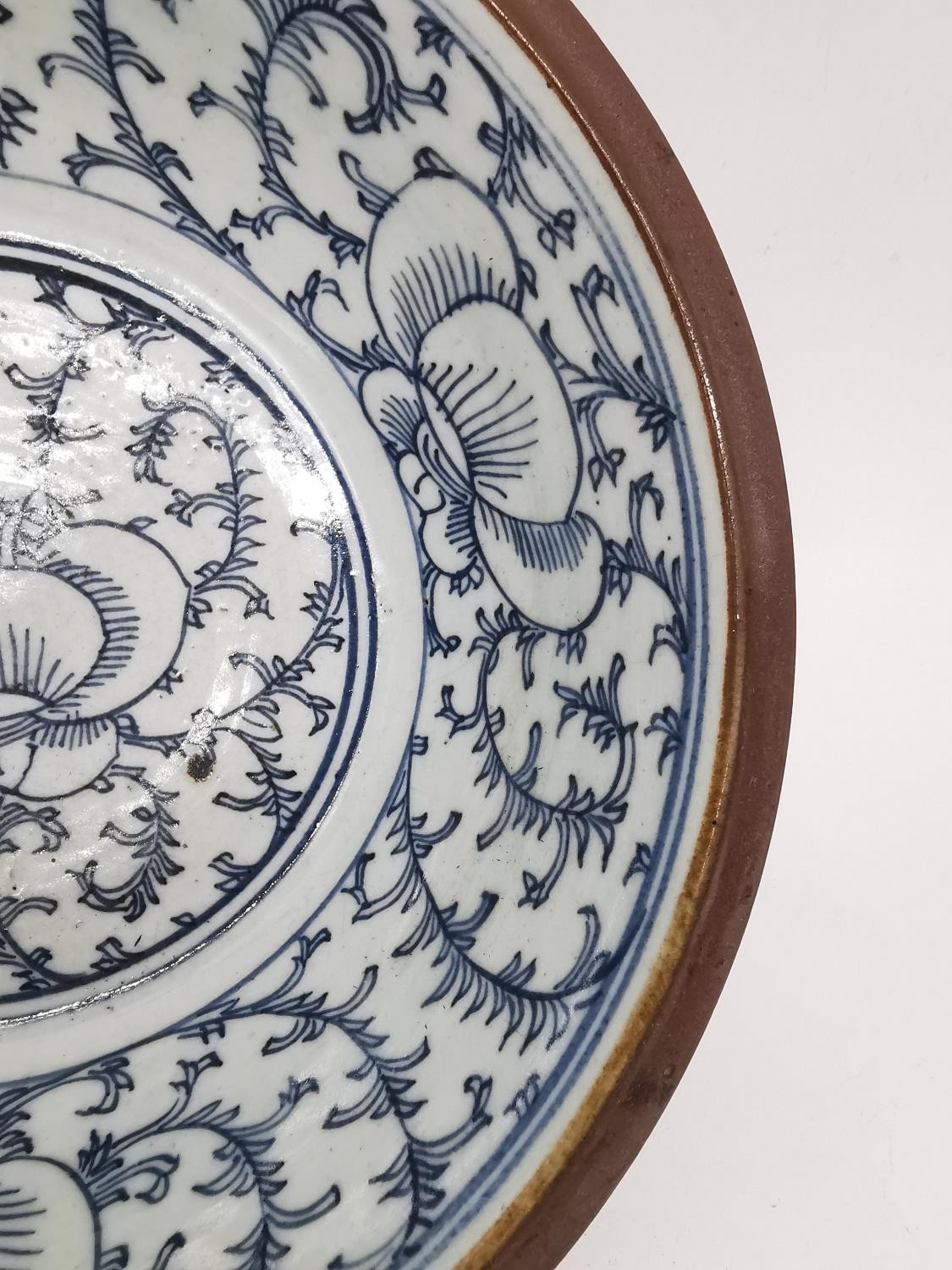 A 19th century Batavia Chinese ceramic basin with hand painted stylised lotus flowers and - Image 3 of 6