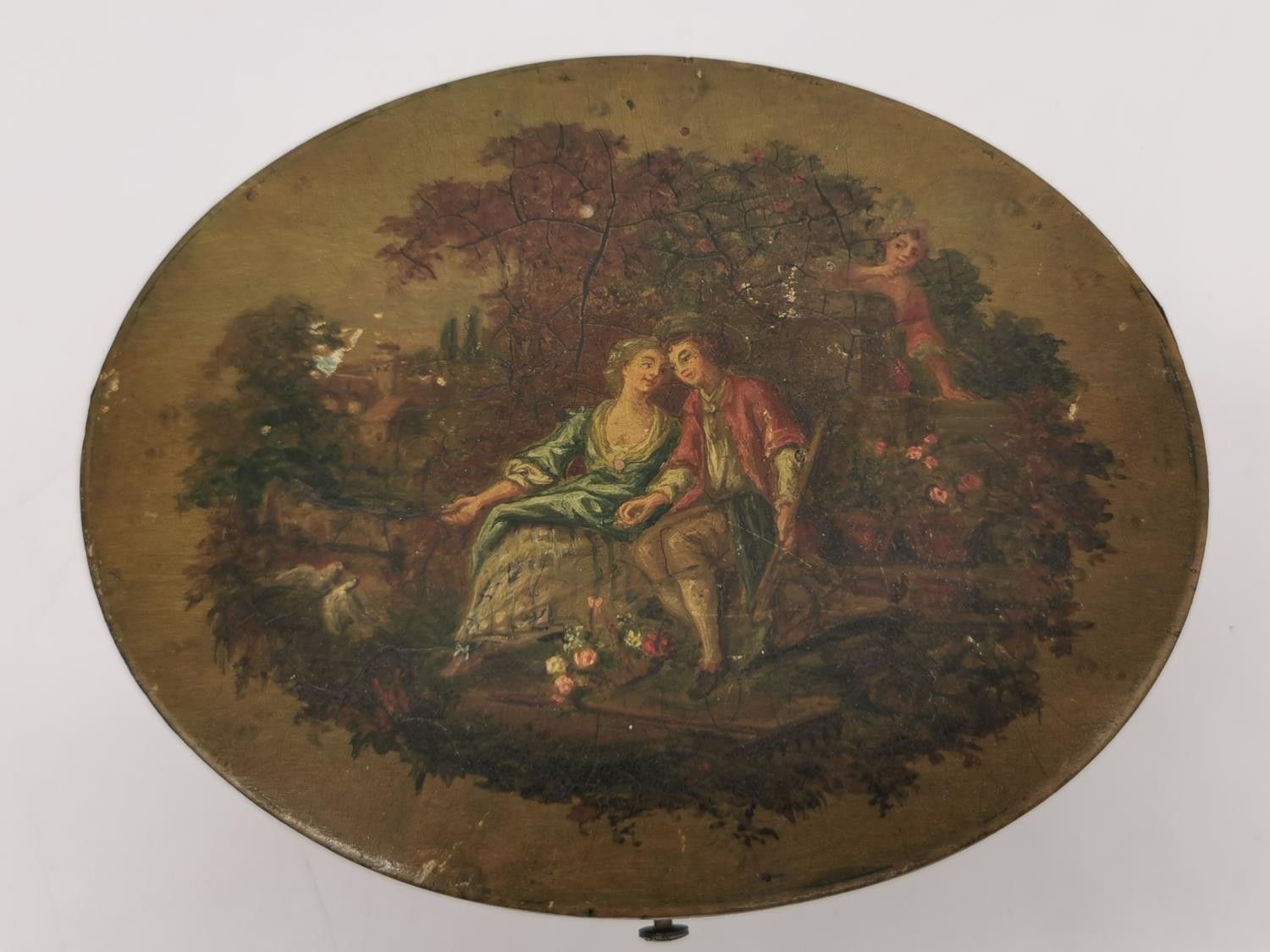 A 19th Century oval hand painted papier mache jewellery box, The top painted with a pair of lovers - Image 6 of 6