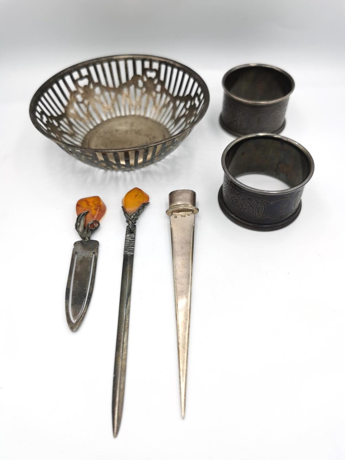 A collection of silver items, including a Victorian pierced bow design bowl by Roberts and Belk, a